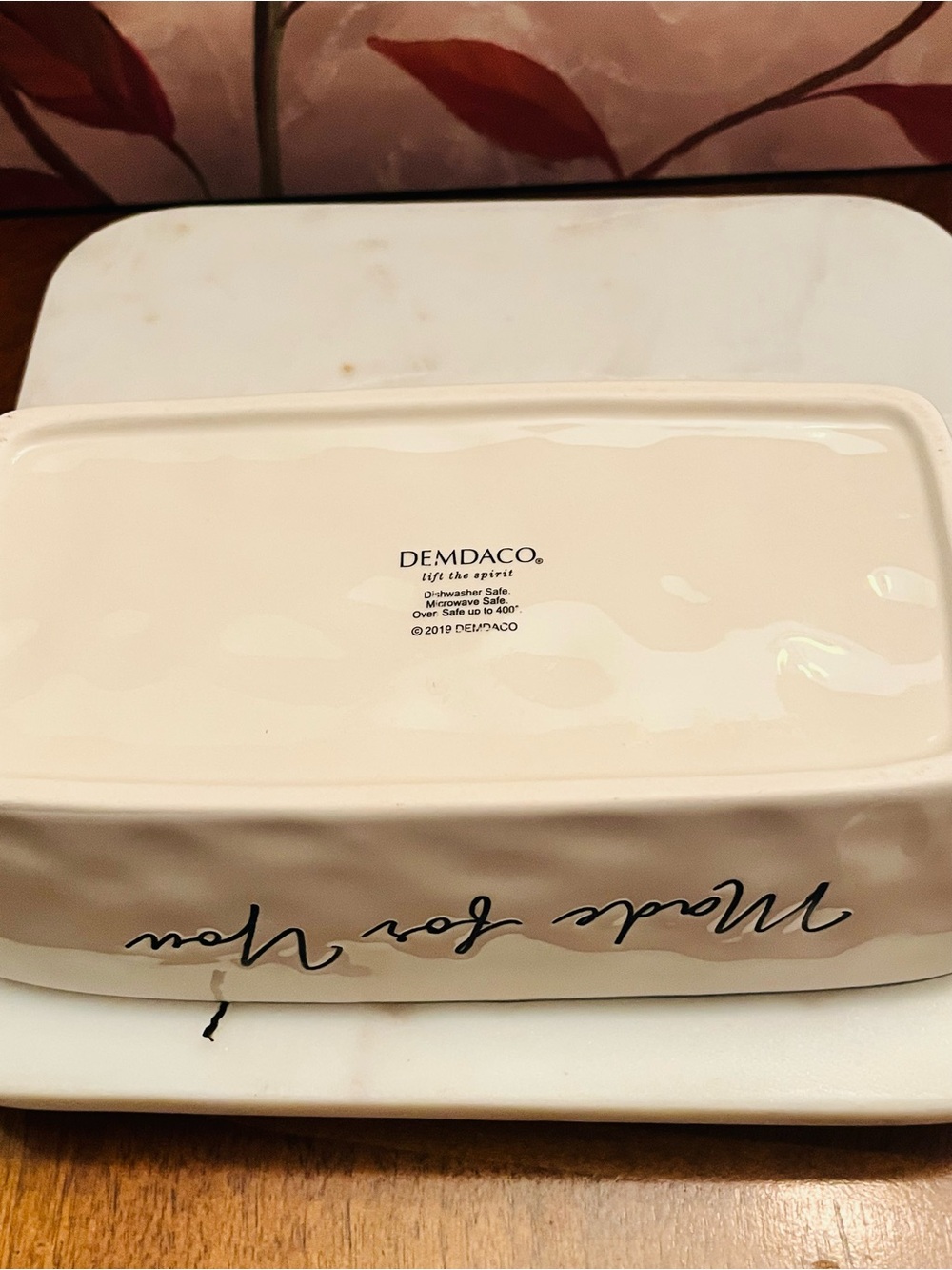 Demdaco Cream 'Made for You' Ceramic Baking Dish w/Black Trim & Stylish Script - Picture 9 of 9